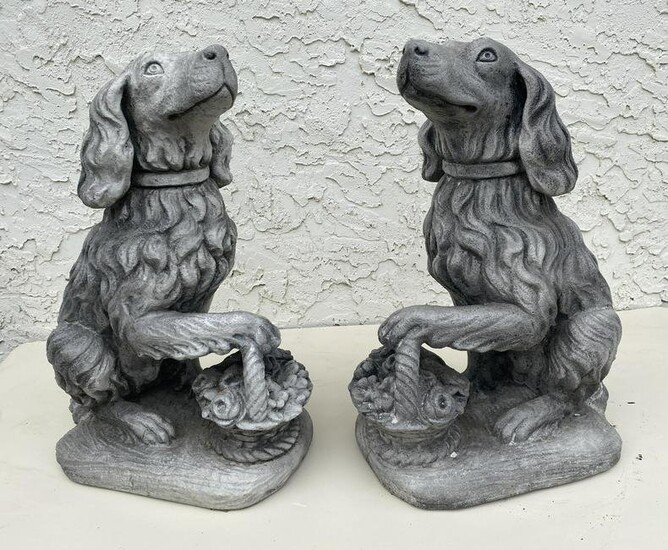 Pr Signed Concrete Dog Statues. Dogs with Flower Basket