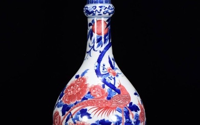 Qing Dynasty Blue and White Underglaze Red Golden Pheasant Peony Pattern Garlic Jade Pot