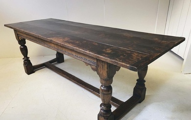 REFECTORY TABLE, 17th century style oak, planked top on stre...