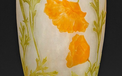 Rare grand vase décoratif Art Nouveau au pavot de Californie de Daum Frères. De forme...