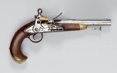 Rare pistolet de cavalerie espagnol à silex modèle 1801, canon octogonal puis rond, légèrement tromblonné...