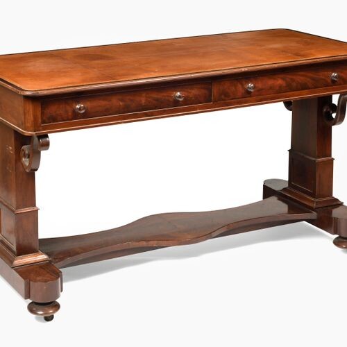 Rectangular desk in mahogany and mahogany veneer, the top decorated...