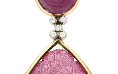 Reddish-Purple Sapphire, Diamond, Gold, Silver Pendant-Enhancer Stones: Carved reddish-purple...
