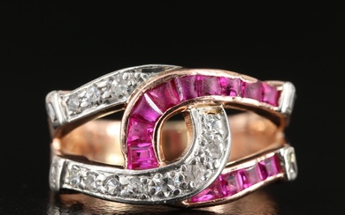 Retro 14K Rose Gold Diamond and Ruby Horseshoe Ring with Platinum Accents