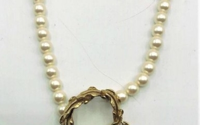 Richelieu Signed Faux Pearl Necklace Gold Tone Pendant