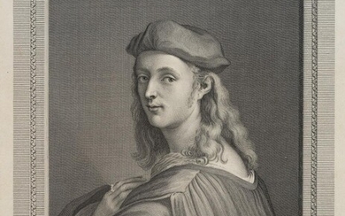 Robert Strange (1721-1792) after Raffael, Early self-portrait of the artist in a wide gown with cap, 18th century, Engraving