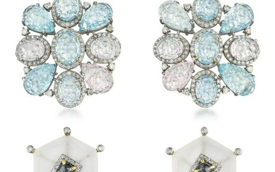 Rock Crystal and Black Diamond Earrings and Aquamarine