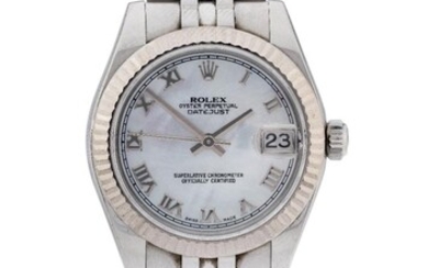 Rolex. A mid-sized stainless steel automatic bracelet watch with mother-of-pearl dial, Datejust 31, Ref 178274, Serial Number D858020, c. 2005 Mother-of- pearl dial with applied white gold Roman hourly numerals and outer printed minute track, gold...