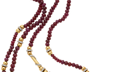 Ruby, Diamond, Gold Necklace Stones: Ruby beads; full and...