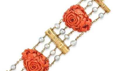 SEAMAN SCHEPPS, A VINTAGE CORAL AND PEARL BRACELET, 1970S in 18ct yellow gold, set with two carved