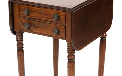 SHERATON DROP-LEAF TWO-DRAWER STAND New England, Circa 1810 Height 28.25". Width 19.75" plus two