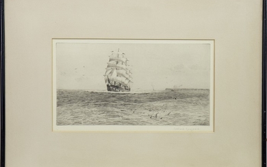 SHIP IN CHOPPY SEAS, AN ETCHING BY ROWLAND