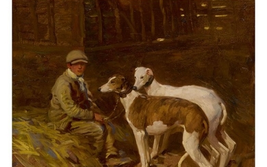 SIR ALFRED JAMES MUNNINGS, P.R.A., R.W.S. | SHRIMP IN THE BARN WITH LURCHERS