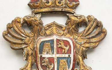 SPANISH CARVED AND PAINTED WOOD COAT OF ARMS OF TOLEDO, 20TH C., H 36", W 30"