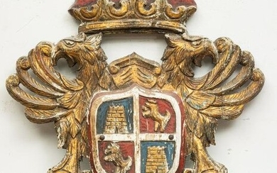 SPANISH CARVED AND PAINTED WOOD COAT OF ARMS OF TOLEDO
