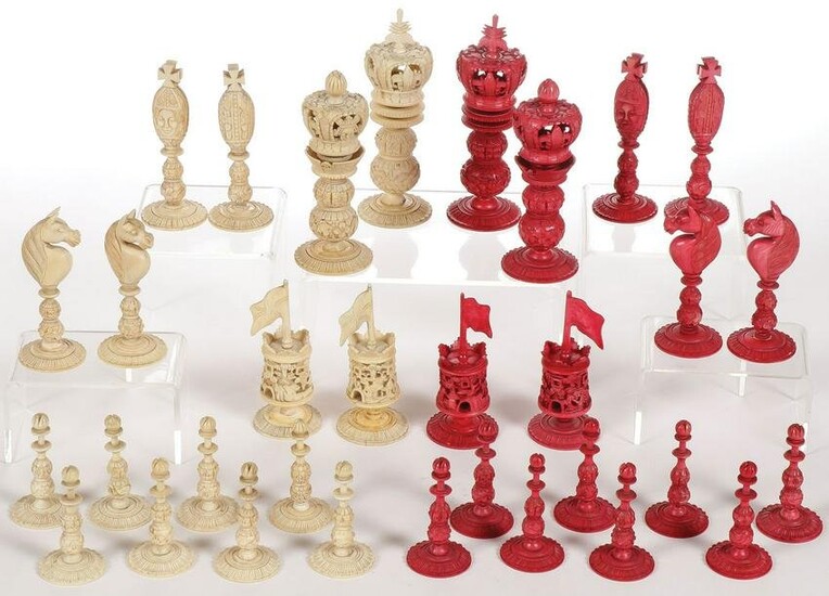 SPECTACULAR CARVED CHESS SET, 19TH C