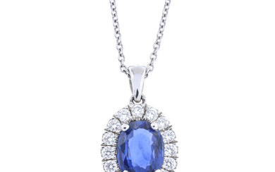 Sapphire & diamond cluster pendant, with 18ct gold chain