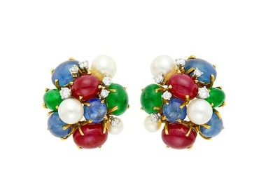 Seaman Schepps Pair of Cabochon Colored Stone, Cultured Pearl and Diamond 'Bubbles' Cluster Earclips