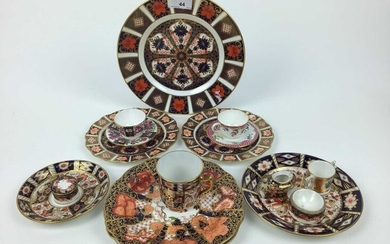 Selection of Royal Crown Derby imari including plates, cup, miniature items plus two Royal Worcester cabinet cups and saucers