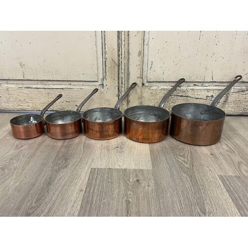 Set of five French copper sauce pans, of graduating size, ir...