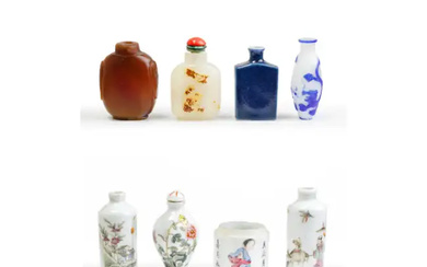 Seven Chinese snuff bottles and one famille rose cylindrical box Late Qing...