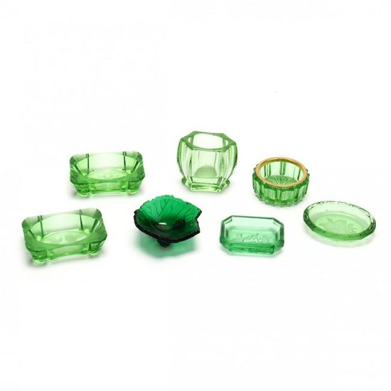 Seven Vintage Green Glass Table Accessories