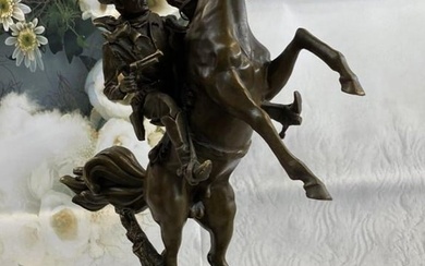 Signed Western Cowboy with Bucking Horse Bronze Sculpture