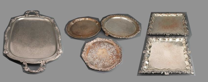 Silver Plated Ornately Decorated Serving Trays, 6