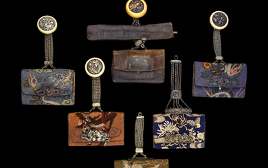 Six Japanese Leather and Clocth Tobacco Purses