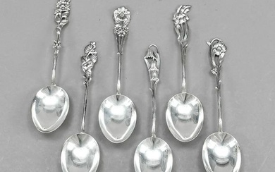 Six ice cream spoons, Sweden, 2nd half of 20th century, silver 830/000, handle each with different