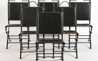 Six iron and leather Dining room chairs C 1960. Ht: 37" Wd: 18" Dpth: 22" Seat: 18"