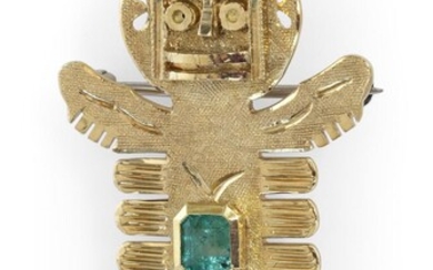 SOUTH AMERICAN PRE-COLUMBIAN-STYLE GOLD AND EMERALD PENDANT/BROOCH Formed...