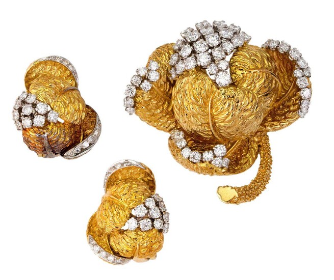 Suite of gold and diamond-set Jewellery, by Kutchinsky, comprising: a brooch of flowerhead cluster design with diamond stem with matching earrings, signed Kutchinsky with maker's marks and London hallmarks for 18-carat gold, c.1970, approximate...