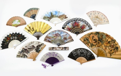 TWELVE SOUVENIR AND ADVERTISING FANS 1) Large Spanish wood and paper folding fan illustrating scenes of bullfighting and with cartou...