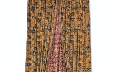 TWO PAIRS OF JAPONISANT PRINTED VELVET PLEATED CURTAINS