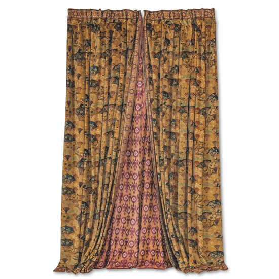 TWO PAIRS OF JAPONISANT PRINTED VELVET PLEATED CURTAINS