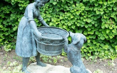 Theodore Alexander, Bronze Garden Sculpture, H 45”, W 21”, L 41”, Girl With Dog