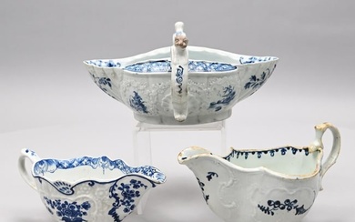 Three English Blue and White Porcelain Sauceboats