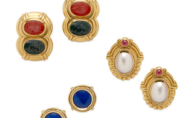 Three Pairs Of Gold And Gem-Set Earrings