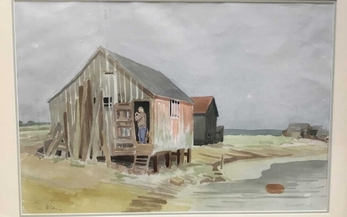 Tim Holding (b. 1940) watercolour, Fisherman's Hut, Walberswick, signed 39 x 53cm, glazed frame