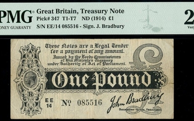 Treasury Series, John Bradbury, first issue £1, ND (7 August 1914), serial number EE/14 085516,...