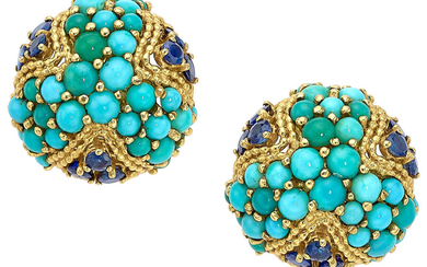 Turquoise, Sapphire, Gold Earrings Stones: Turquoise cabochons; round-cut sapphires...