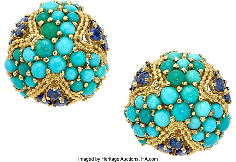 Turquoise, Sapphire, Gold Earrings Stones: Turquoise cabochons; round-cut sapphires...