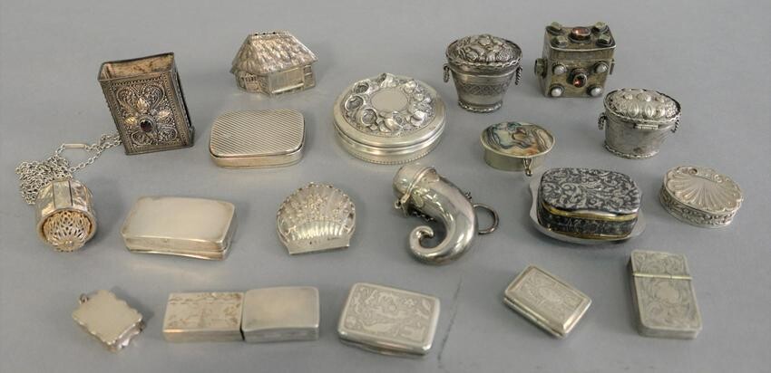 Twenty small silver boxes and containers to include two