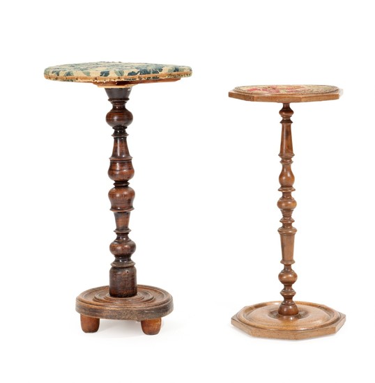 Two 18th century walnut and stained beech Baroque pedestals. H. 73 and 82 cm. (2)