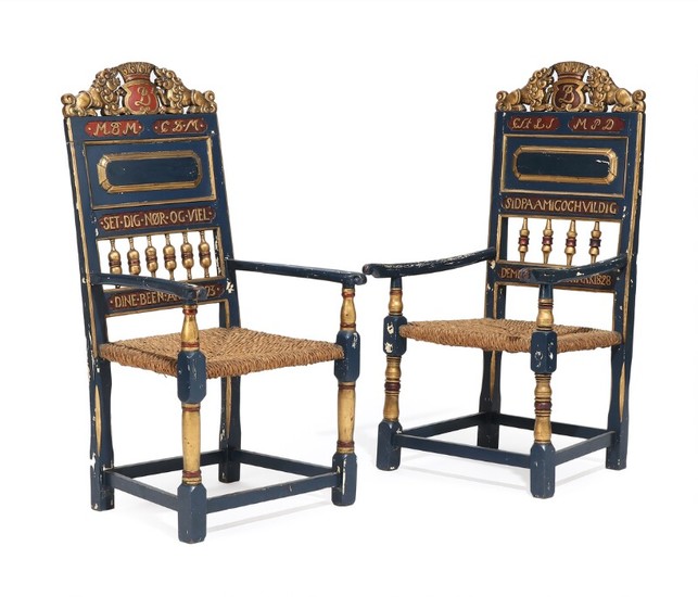 Two 19th century painted armchairs carved with lions and owner's initials, woven seat. Lars Hugger style. (2)