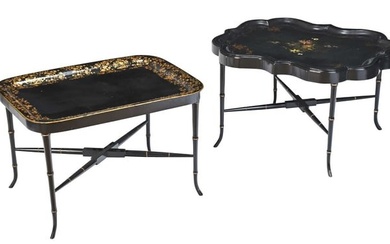 Two British Black and Gilt Lacquered Trays on Stands