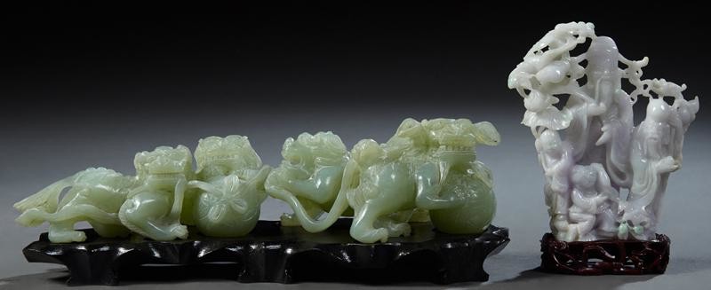 Two Chinese Carved Jade Figural Groups, 20th c., one