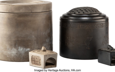 Two Chinese Slate Cylindrical Boxes (20th century)