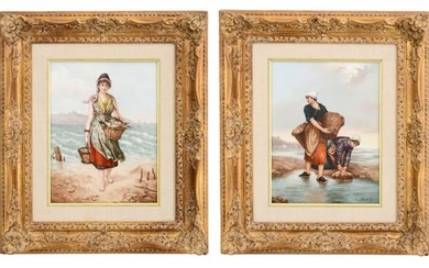 Two Continental Hand-Painted Porcelain Plaques of Women Gathering Fish